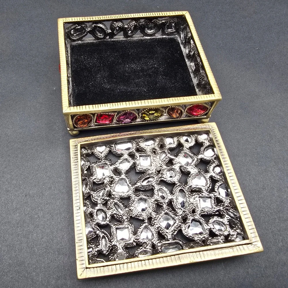 Vintage Style Bejeweled Jewelry Box Bronze Tone Multi Color Gemstone Trinket Box